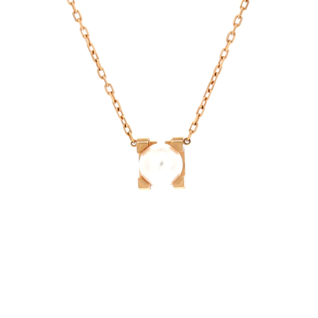 Cartier C de Cartier Necklace 18K Rose Gold and Pearl (Length 15.0 - 16.25 in): The Cartier C de Cartier Necklace in 18K Rose Gold and Pearl is the model in its most quietly photographed configuration, at a 15 inch length profile. The 18k rose gold and pearl surface holds light s