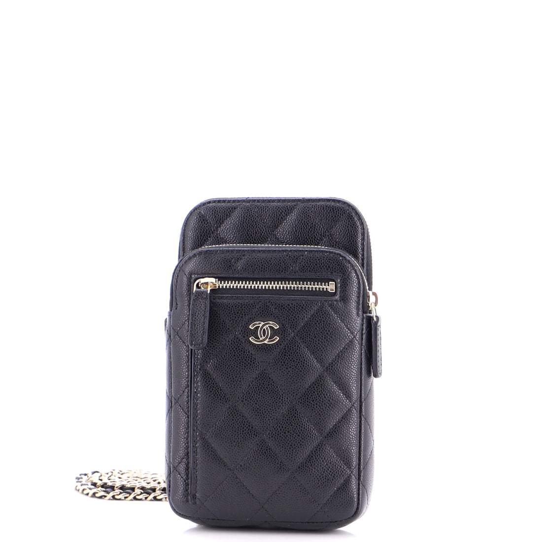 Chanel Zip Pocket Vertical Phone Holder with Chain Quilted Caviar (4"W x 7"H x 1"D): The Chanel Zip Pocket Vertical Phone Holder with Chain in Quilted Caviar reads with the calm authority the model has earned through repetition, at a 4 by 7 by 1 inch profile. Caviar is Chanel's pebble