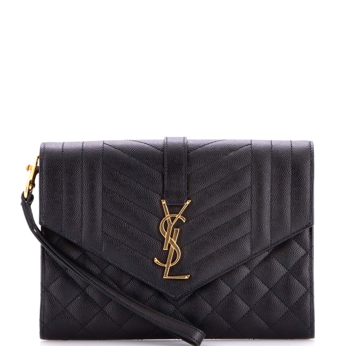 Saint Laurent Classic Monogram Envelope Wristlet Clutch Mixed Matelasse Leather (8.5"W x 6"H x 2"D): The Saint Laurent Classic Monogram Envelope Wristlet Clutch in Mixed Matelasse Leather is built to outlast the season it enters and the wardrobe it joins. Matelasse is the quilted, padded stitching te