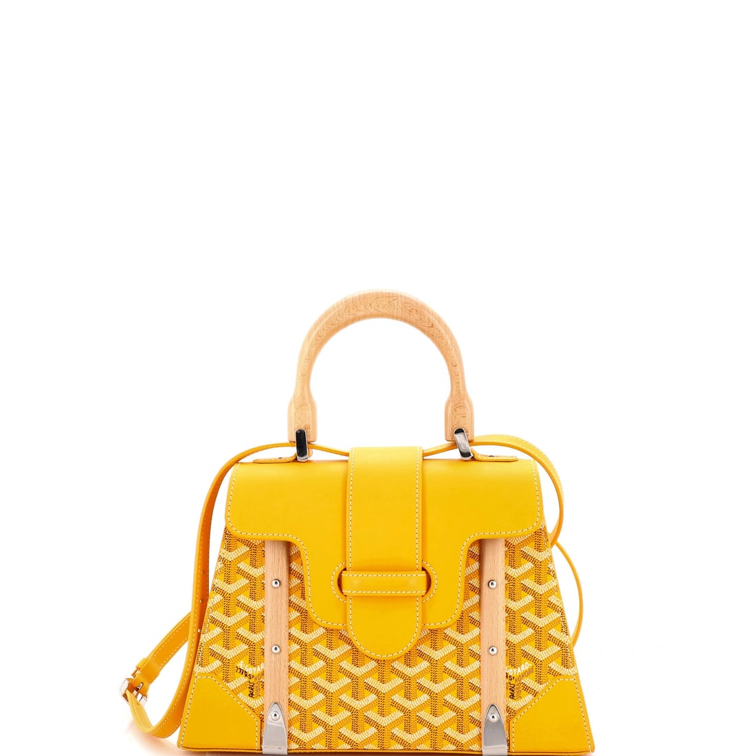 Goyard Saigon Top Handle Bag Coated Canvas with Leather (PM): The Goyard Saigon Top Handle Bag renders the model's silhouette in Coated Canvas with Leather, in size PM, with the line holding cleanly across the body. The coated canvas with leather finish photogra
