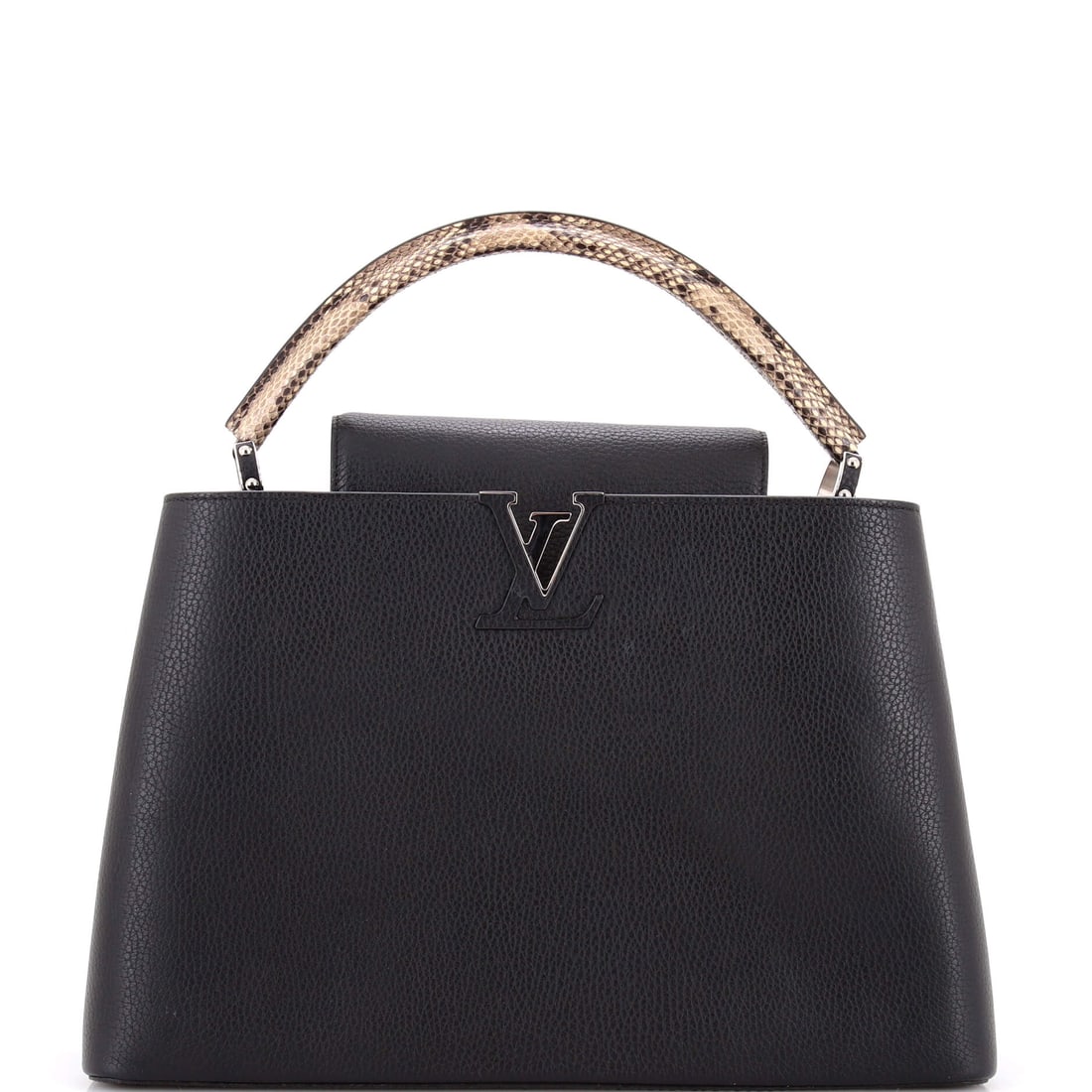 Louis Vuitton Capucines Bag Leather with Python (MM): The Louis Vuitton Capucines Bag in Leather with Python brings the model into its most quietly worn register, at a 14 by 9.5 by 5.5 inch profile. The leather with python treatment keeps the bag's surfa