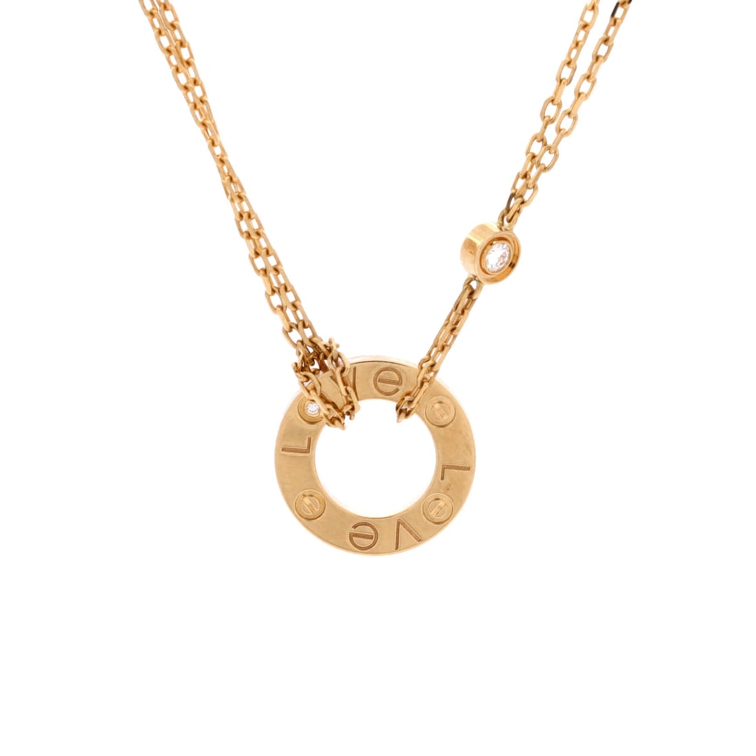 Cartier 2 Diamonds Love Pendant Necklace 18K Yellow Gold and Diamonds: The Cartier 2 Diamonds Love Pendant Necklace in 18K Yellow Gold and Diamonds offers the model in one of its more wearable scales. 18K Yellow Gold and Diamonds is the more discreet of the Cartier treat
