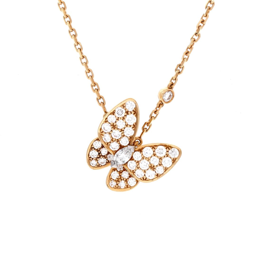 Van Cleef & Arpels Two Butterfly Pendant Necklace 18K Yellow Gold with Diamonds: The Van Cleef & Arpels Two Butterfly Pendant Necklace in 18K Yellow Gold with Diamonds is one of the cleaner expressions of the Van Cleef & Arpels fine-jewelry vocabulary, at a 14.5 inch length profil