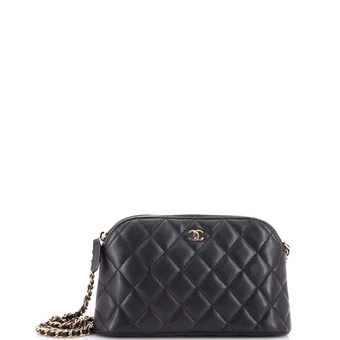 Chanel CC Dome Zip Clutch with Chain Quilted Caviar (Small): The Chanel CC Dome Zip Clutch with Chain in Quilted Caviar offers the silhouette at a scale built for serious wardrobe rotation, in size Small. Caviar is Chanel's pebbled, harder-wearing calfskin, nam