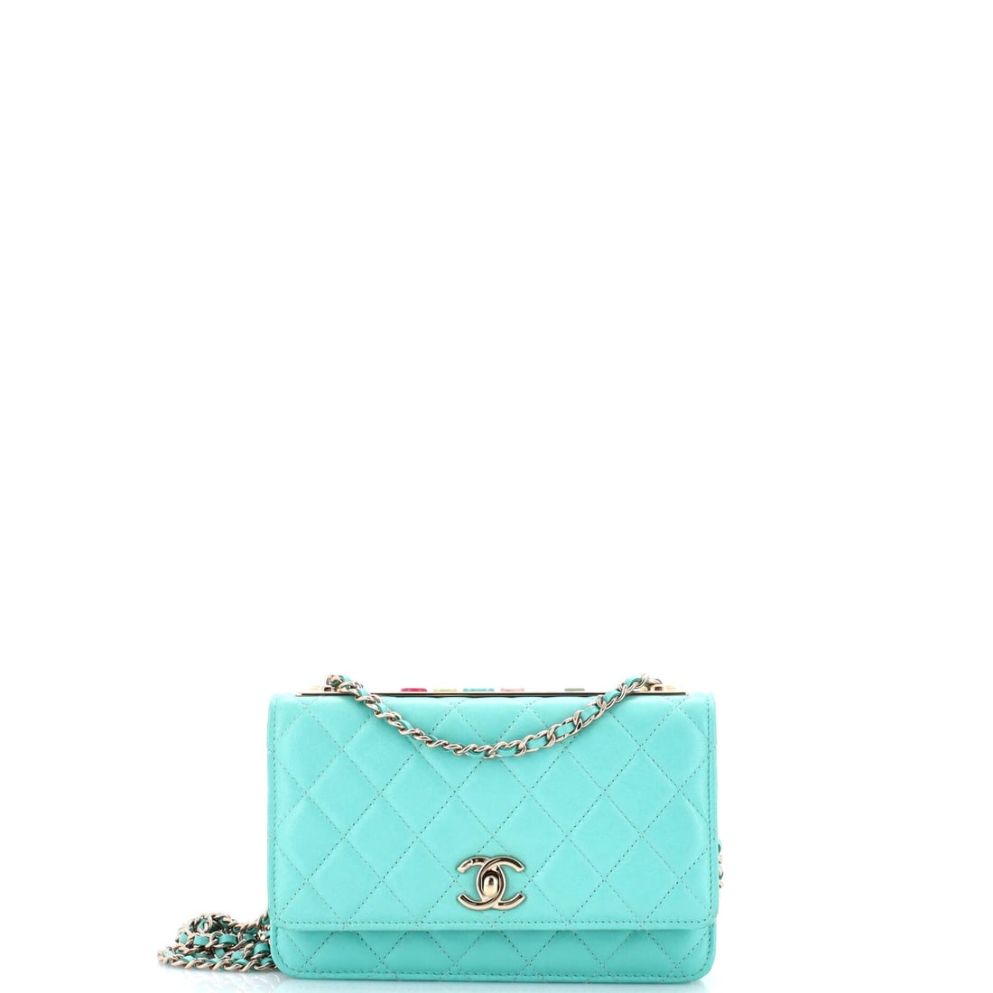 Chanel Trendy CC Wallet on Chain Quilted Lambskin and Lacquered Metal (7.5"W x 5"H x 1"D): The Chanel Trendy CC Wallet on Chain in Quilted Lambskin and Lacquered Metal is the model in its boutique-floor configuration, at a 7.5 by 5 by 1 inch profile. Lambskin is the softer, more luminous of
