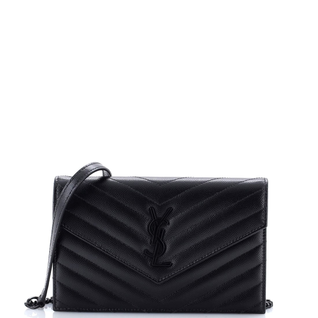 Saint Laurent Classic Monogram Wallet on Chain Matelasse Chevron Leather (Small): The Saint Laurent Classic Monogram Wallet on Chain in Matelasse Chevron Leather closes cleanly at the front, a small architectural moment that signals the model from across the room. Matelasse is the 