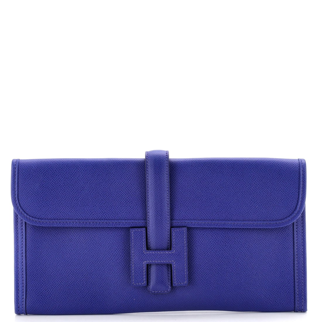 Hermes Jige Elan Clutch Epsom (29): The Hermes Jige Elan Clutch in Epsom translates the model's structural language into a epsom reading, at a 11.5 by 6 by 1 inch profile. Epsom is the finely embossed, structured calfskin Hermes uses fo