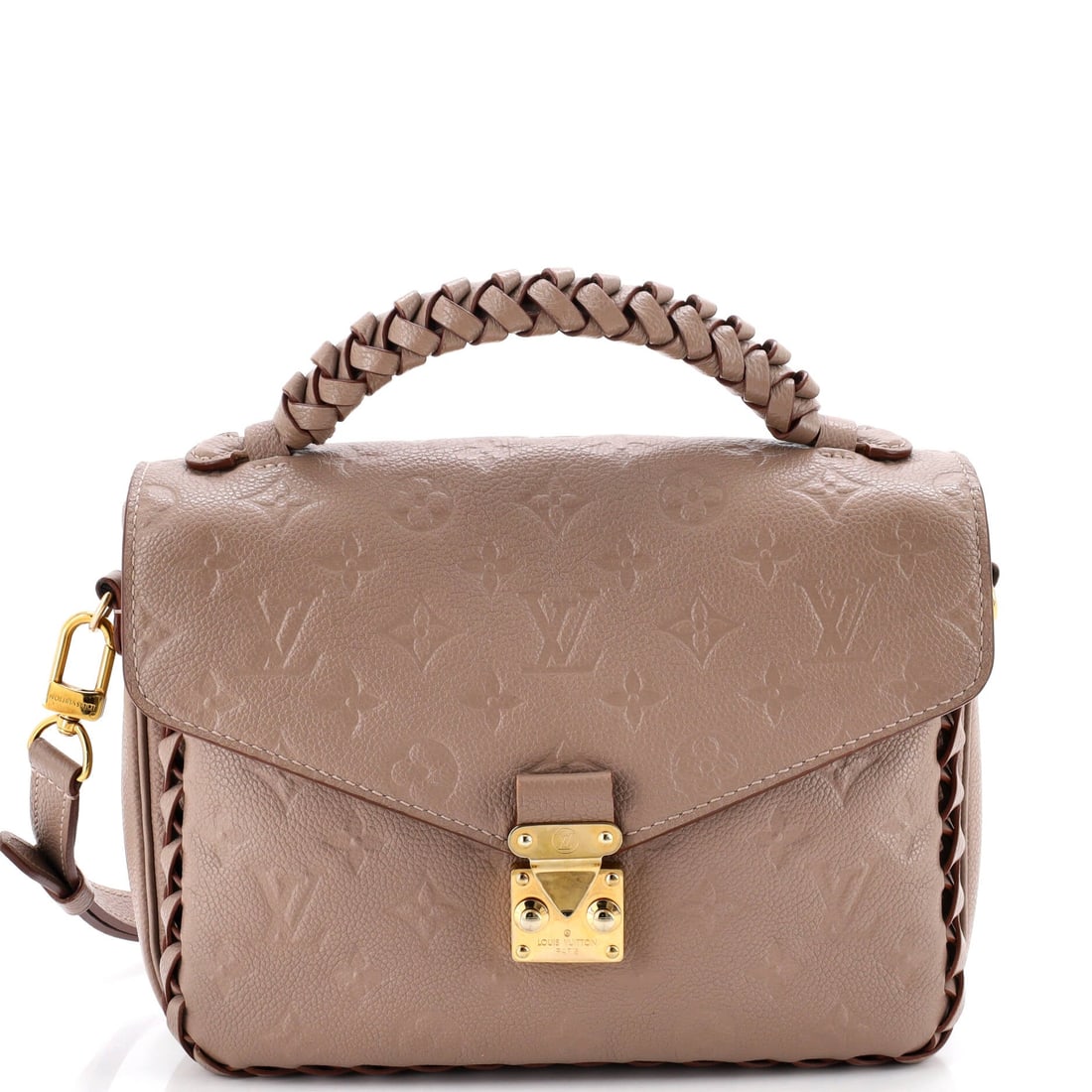 Louis Vuitton Braided Handle Pochette Metis Monogram Empreinte Leather (9"W x 8"H x 3"D): The Louis Vuitton Braided Handle Pochette Metis in Monogram Empreinte Leather sits cleanly between daytime utility and evening polish. Empreinte is Vuitton's calfskin embossed with the LV monogram, so