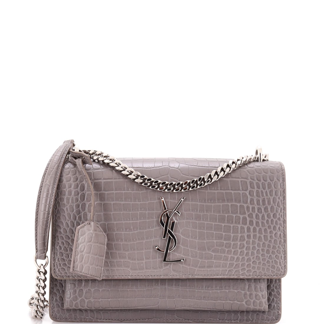 Saint Laurent Sunset Crossbody Bag Crocodile Embossed Leather (Medium): The Saint Laurent Sunset Crossbody Bag, here in Crocodile Embossed Leather, in size Medium, holds its shape against use rather than softening to it. Crocodile is the exotic skin Hermes runs in limited