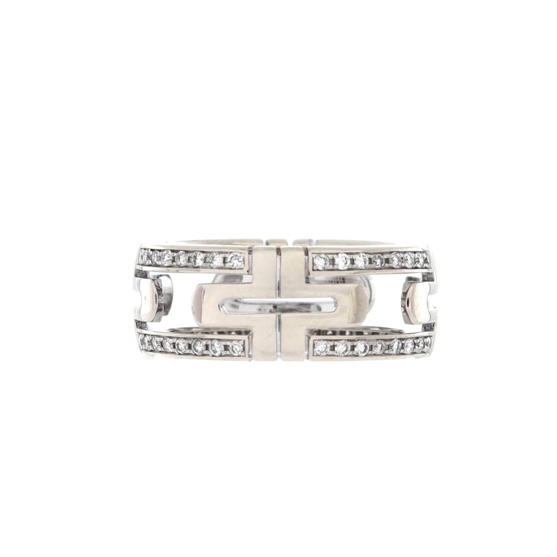 Bvlgari Parentesi Band Ring 18K White Gold and Diamonds (8mm): The Bvlgari Parentesi Band Ring, presented here in 18K White Gold and Diamonds, sits comfortably between costume jewelry and statement piece. 18K White Gold and Diamonds is the more discreet of the Bv