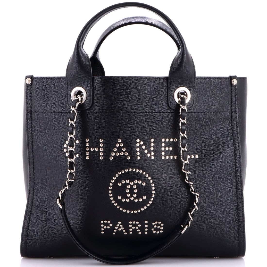 Chanel Deauville Tote Studded Caviar (Small): The Chanel Deauville Tote in Studded Caviar arrives at size Small, the proportion the model wears most photogenically. Caviar is Chanel's pebbled, harder-wearing calfskin, named for its grain rather t