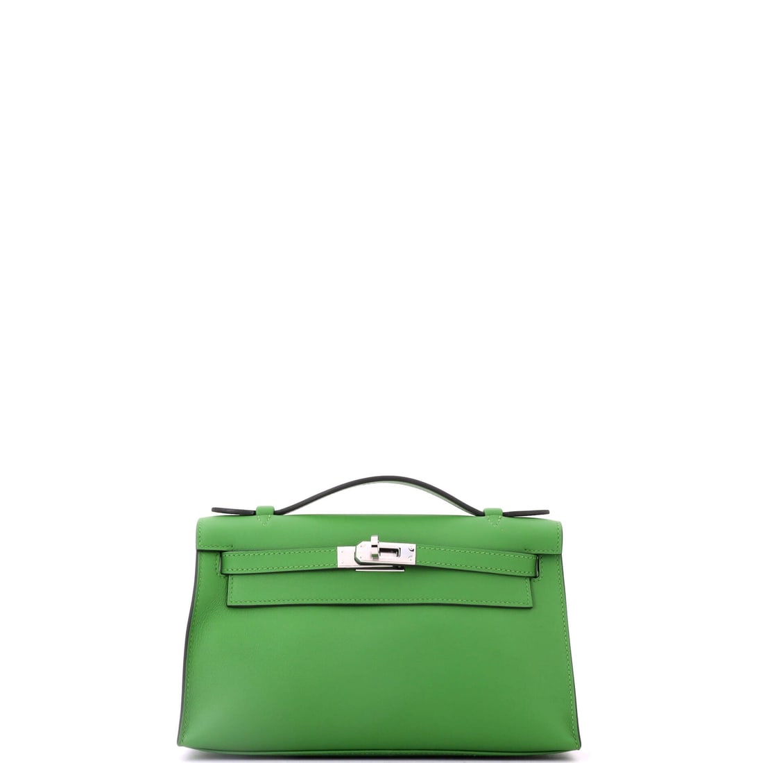 Hermes Kelly Pochette Evercolor (8.5"W x 5.5"H x 2.5"D): The Hermes Kelly Pochette in Evercolor closes cleanly at the front, a small architectural moment that signals the model from across the room. Evercolor is Hermes's matte calfskin, finished to hold dee