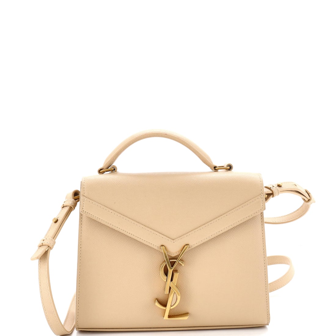 Saint Laurent Cassandra Top Handle Bag Leather (Mini): Rendered in Leather, the Saint Laurent Cassandra Top Handle Bag arrives at a 0.9 by 0.9 by 0.2 inch profile with the model's signature line intact. The leather hand falls between the softer slouch of 