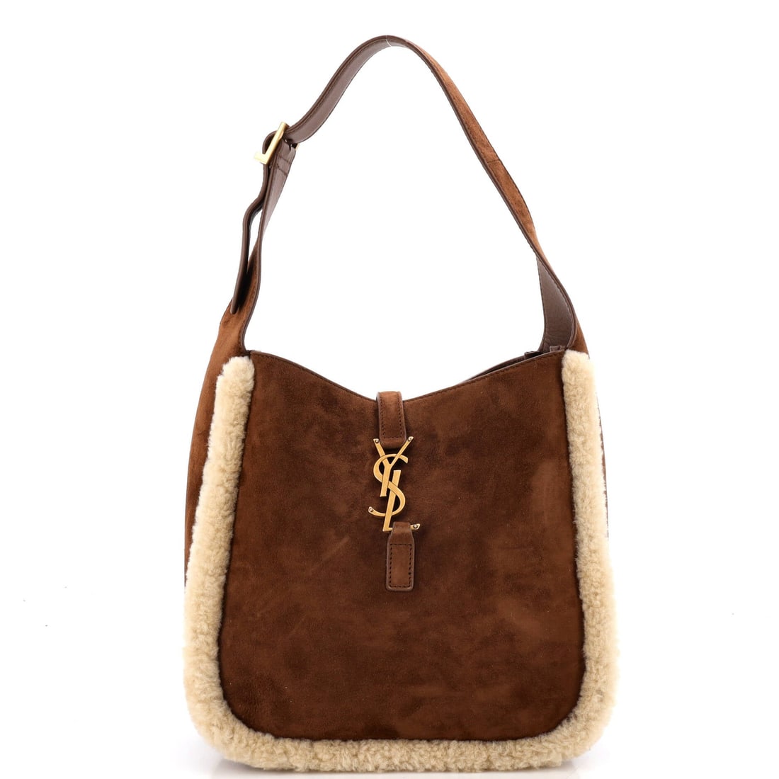 Saint Laurent Le 5 a 7 Supple Hobo Suede with Shearling (Small): The Saint Laurent Le 5 a 7 Supple Hobo in Suede with Shearling brings the model into its most quietly worn register, at a 23 inch length profile. The suede with shearling treatment keeps the bag's sur