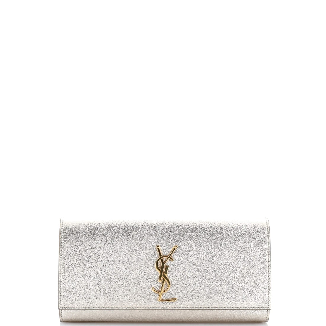 Saint Laurent Classic Monogram Clutch Metallic Calfskin (Long): The Saint Laurent Classic Monogram Clutch in Metallic Calfskin reads as object as much as accessory, at a 12 by 5 by 2 inch profile, sized to be carried as a deliberate styling choice rather than a de