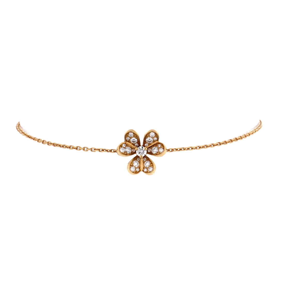 Van Cleef & Arpels Frivole Bracelet 18K Yellow Gold and Pave Diamonds (Mini): The Van Cleef & Arpels Frivole Bracelet in 18K Yellow Gold and Pave Diamonds offers the model in one of its more wearable scales, at a 6.2 inch length profile. Pave is the close-set, fully-paved diamo