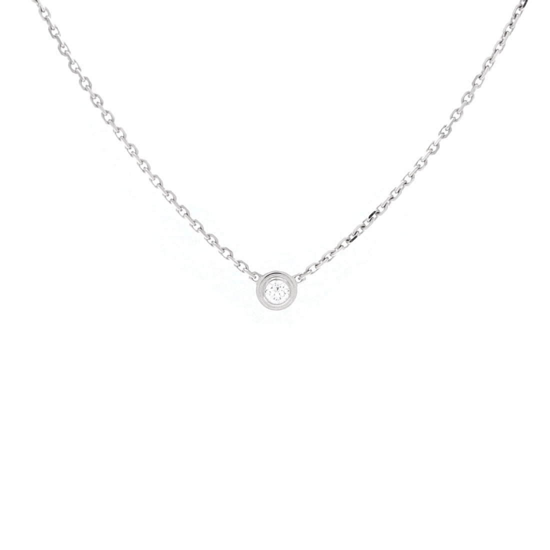 Cartier Cartier D'Amour Pendant Necklace 18K White Gold and Diamond (XS): The Cartier Cartier D'Amour Pendant Necklace in 18K White Gold and Diamond offers the model in one of its more wearable scales, at a 15 inch length profile. 18K White Gold and Diamond is the more disc
