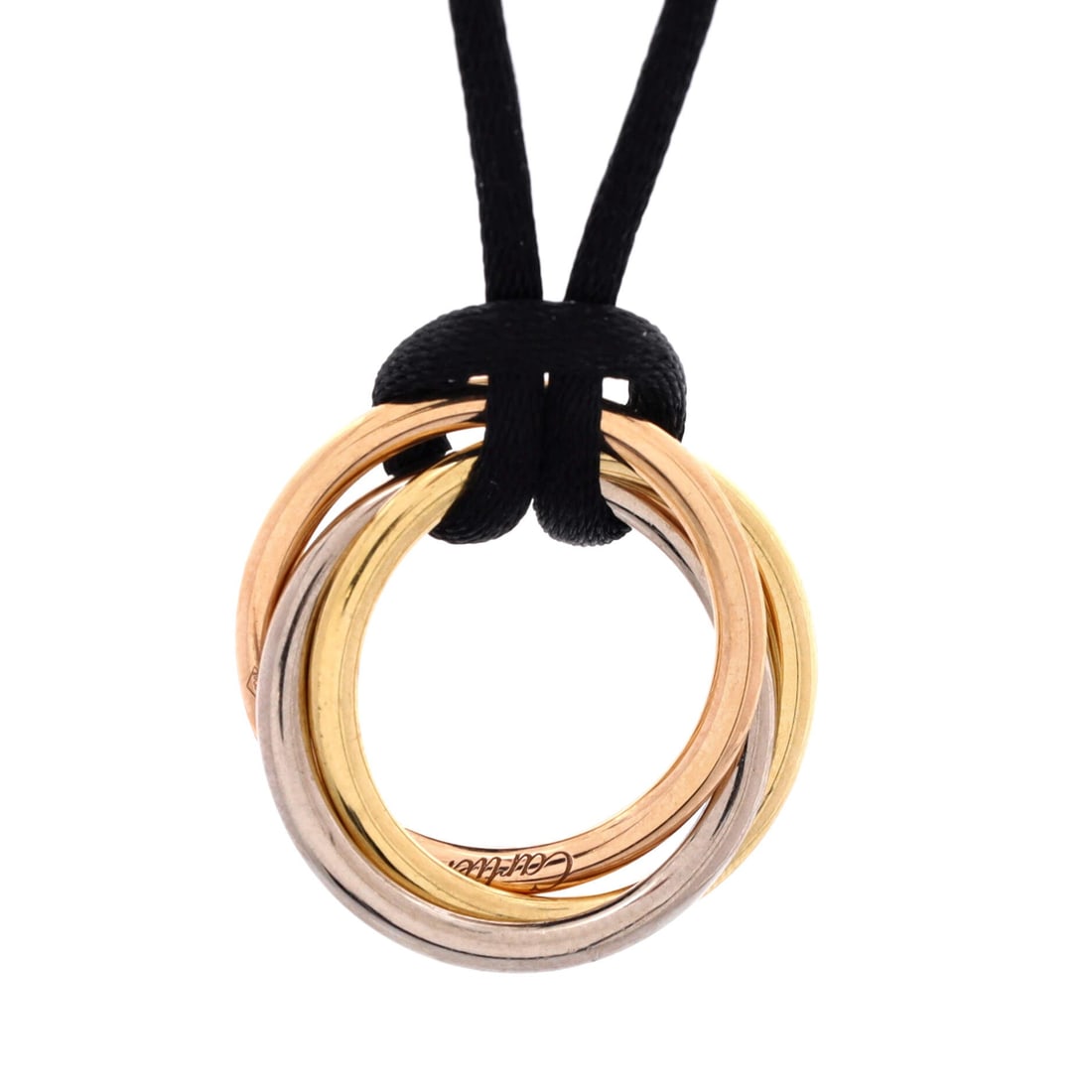 Cartier Trinity on Cord Necklace Silk Cord with 18K Tricolor Gold (Medium): The Cartier Trinity on Cord Necklace carries the silk cord with 18k tricolor gold treatment across size Medium. Silk Cord with 18K Tricolor Gold sits among the more wearable readings of the Cartier je