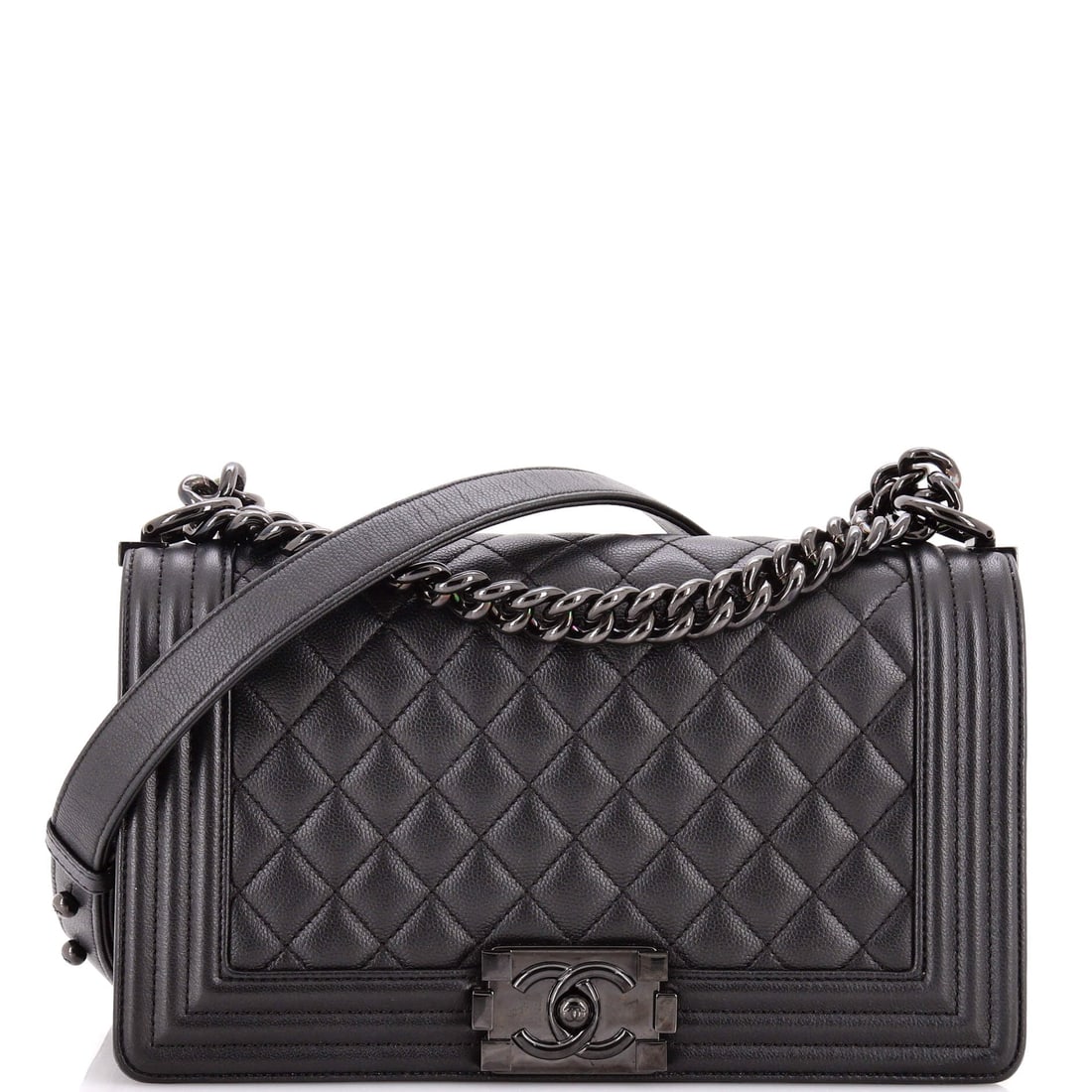 Chanel So Black Boy Flap Bag Quilted Caviar (Old Medium): At a 10 by 6 by 3 inch profile, the Chanel So Black Boy Flap Bag in Quilted Caviar offers the silhouette in its most photographed proportion. Caviar is Chanel's pebbled, harder-wearing calfskin, named