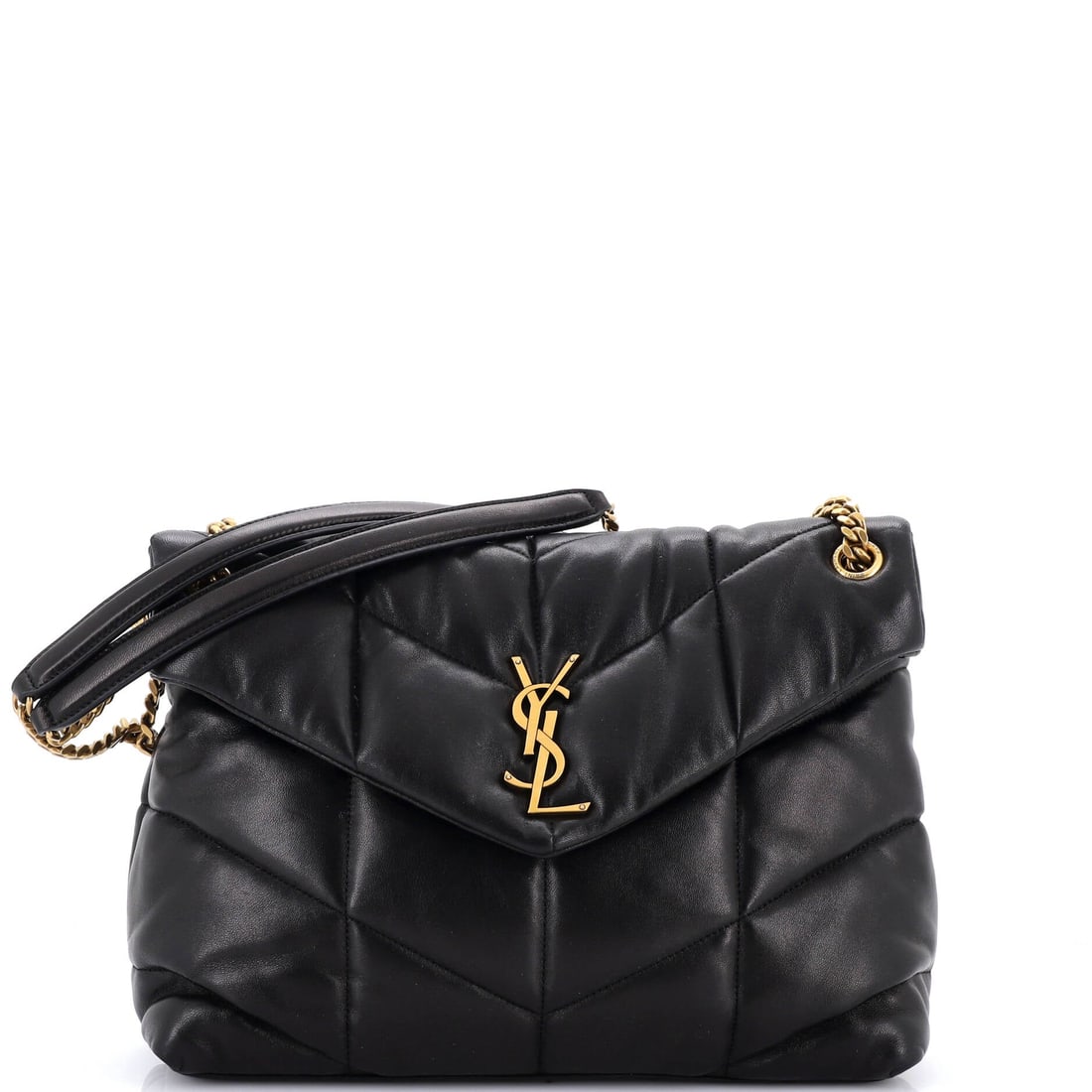 Saint Laurent Loulou Puffer Shoulder Bag Quilted Leather (Medium): The Saint Laurent Loulou Puffer Shoulder Bag renders the model's silhouette in Quilted Leather, in size Medium, with the line holding cleanly across the body. The quilted leather finish photographs ev