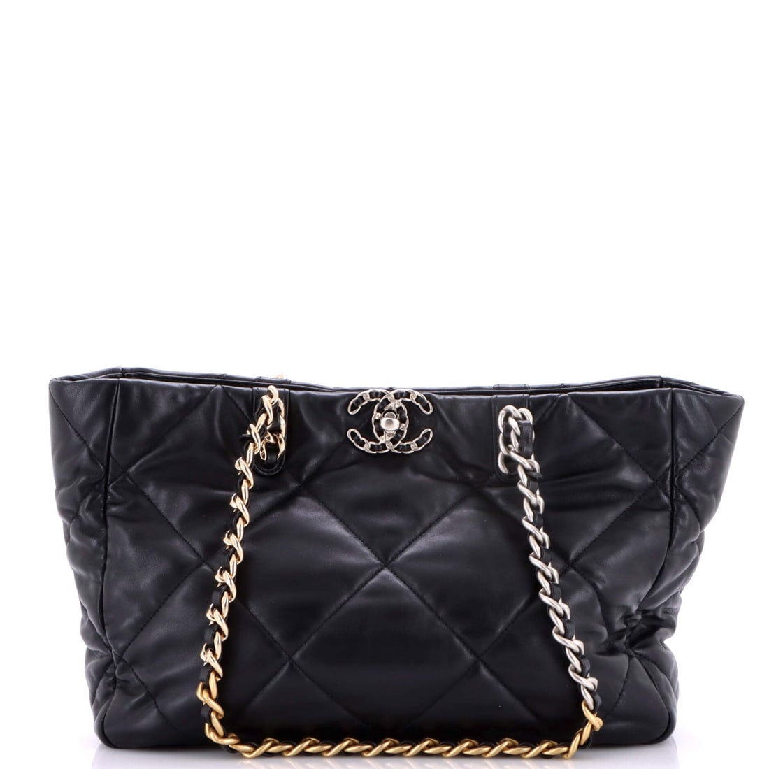 Chanel 19 Shopping Bag Quilted Leather (East West): The Chanel 19 Shopping Bag in Quilted Leather is the model in its boutique-floor configuration, at a 13 by 9 by 4 inch profile. The quilted leather finish photographs evenly across light and registers