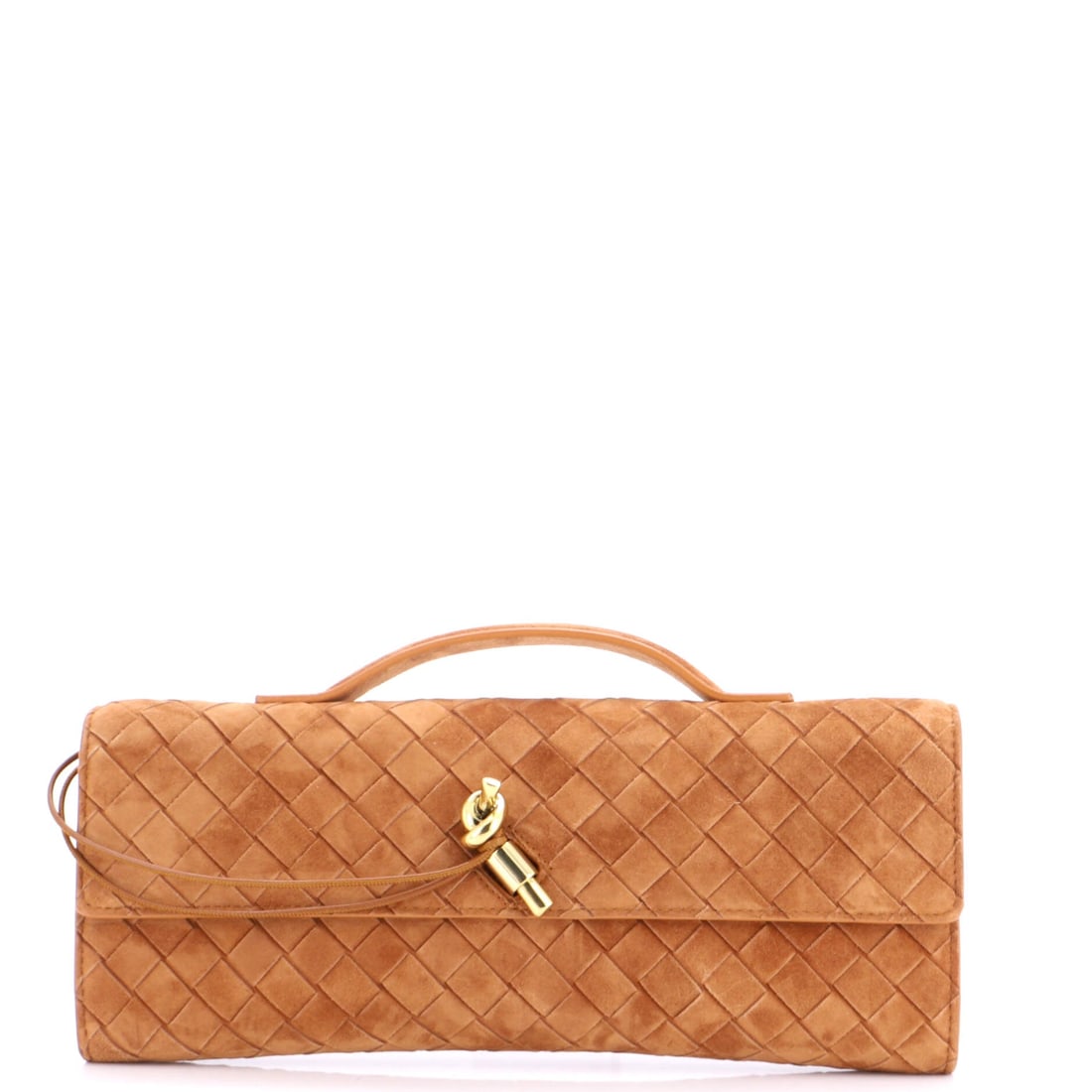 Bottega Veneta Andiamo Top Handle Clutch Intrecciato Suede (Long): The Bottega Veneta Andiamo Top Handle Clutch in Intrecciato Suede is the model a wardrobe acquires after the obvious classics are already in place. Intrecciato Suede is among the more deliberate reads