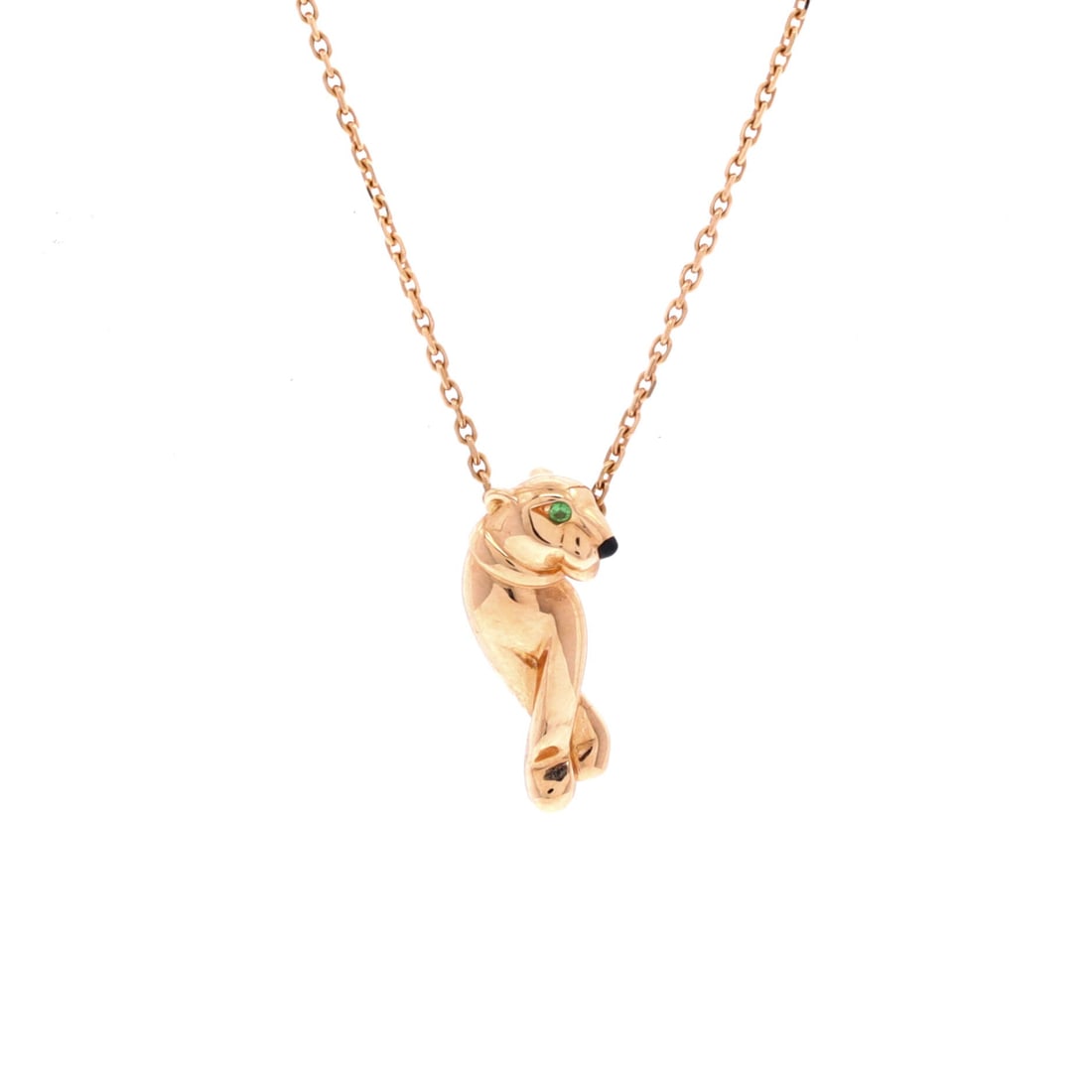 Cartier Panthere de Cartier Pendant Necklace 18K Rose Gold with Lacquer and Tsavorite (Small): The Cartier Panthere de Cartier Pendant Necklace in 18K Rose Gold with Lacquer and Tsavorite offers the model in one of its more wearable scales, at a 15 inch length profile. 18K Rose Gold with Lacque