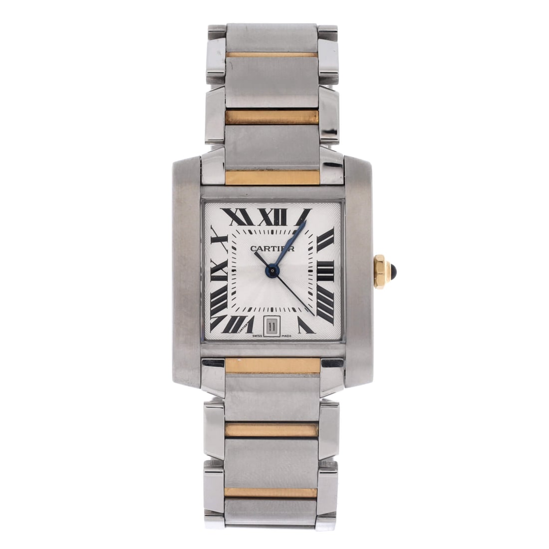 Cartier Tank Francaise Automatic Watch Stainless Steel and Yellow Gold (28): The Cartier Tank Francaise Automatic Watch in Stainless Steel and Yellow Gold wears at a 1.1 by 1.1 by 0.3 inch profile, the case dimension that gives the model its planted, instantly recognizable wri