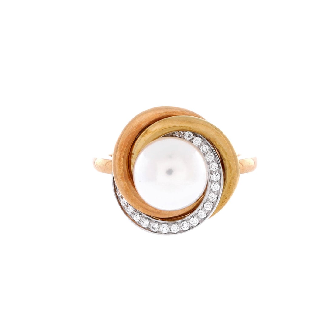 Cartier Trinity Pearl Ring 18K Tricolor Gold with Pearl and Diamonds (14mm): The Cartier Trinity Pearl Ring in 18K Tricolor Gold with Pearl and Diamonds translates the house's hardware-jewelry vocabulary into a piece a wardrobe relies on across years. 18K Tricolor Gold with Pe
