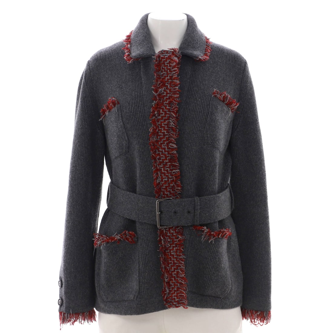 Chanel Women's Gabrielle Coco Frayed Belted Jacket Cashmere (M | IT 42): The Chanel Women's Gabrielle Coco Frayed Belted Jacket in Cashmere translates the house's signature into a cashmere reading in size M | IT 42. The cashmere construction reads as deliberate without com