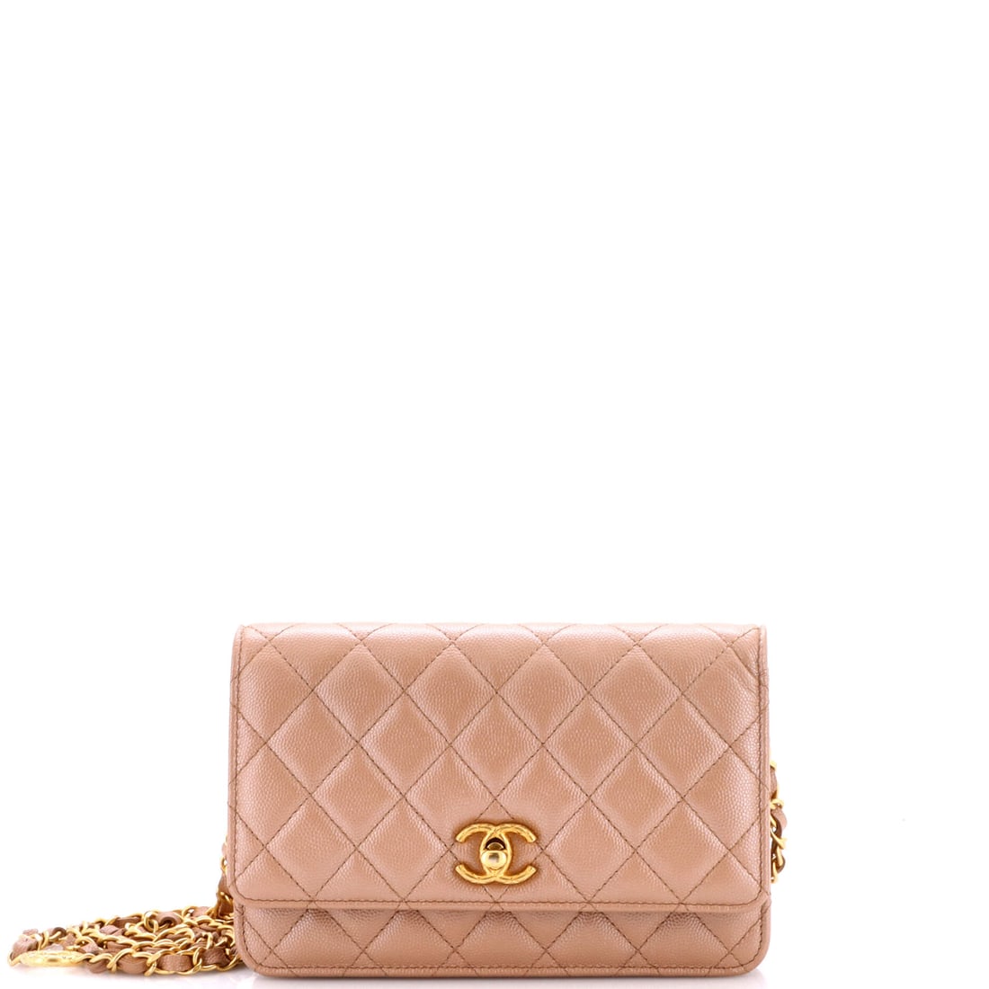 Chanel Fit For You Wallet on Chain Quilted Iridescent Caviar (7.5"W x 5"H x 1.5"D): The Chanel Fit For You Wallet on Chain in Quilted Iridescent Caviar carries its proportion with the kind of quiet confidence the model has built its reputation on. Caviar is Chanel's pebbled, harder-w
