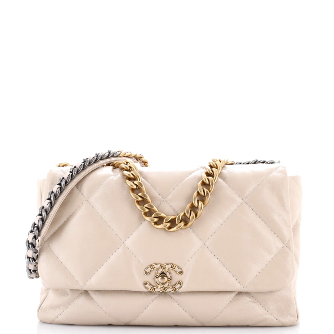 Chanel 19 Flap Bag Quilted Leather (Maxi): The Chanel 19 Flap Bag in Quilted Leather occupies the part of the Chanel catalogue that wardrobes return to season after season. Few materials in the Chanel library wear in as cleanly as quilted leat