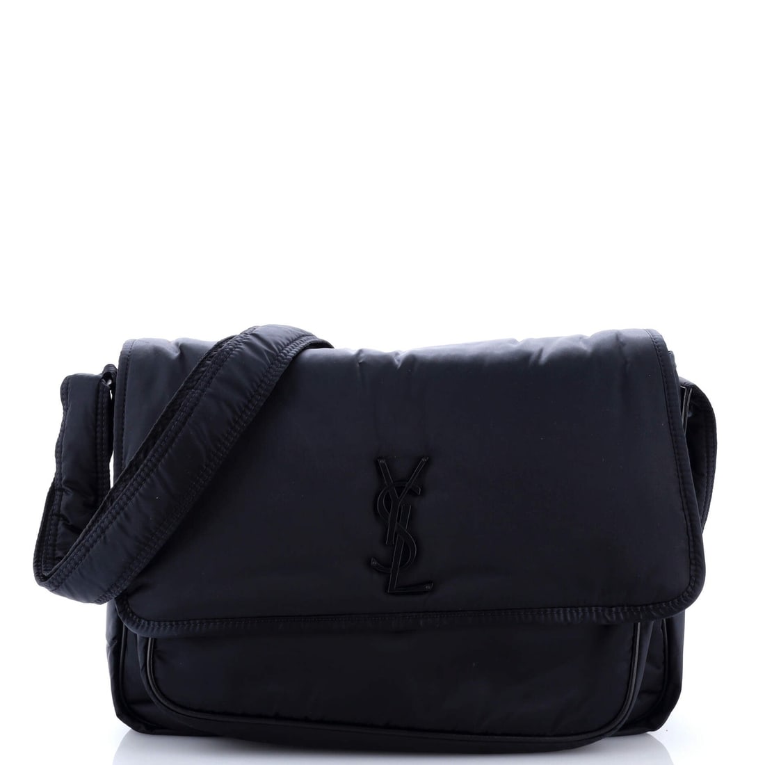 Saint Laurent Niki Messenger Bag Nylon (12"W x 10"H x 3"D): Rendered in Nylon, the Saint Laurent Niki Messenger Bag arrives at a 12 by 10 by 3 inch profile with the model's signature line intact. The nylon hand falls between the softer slouch of the house's da