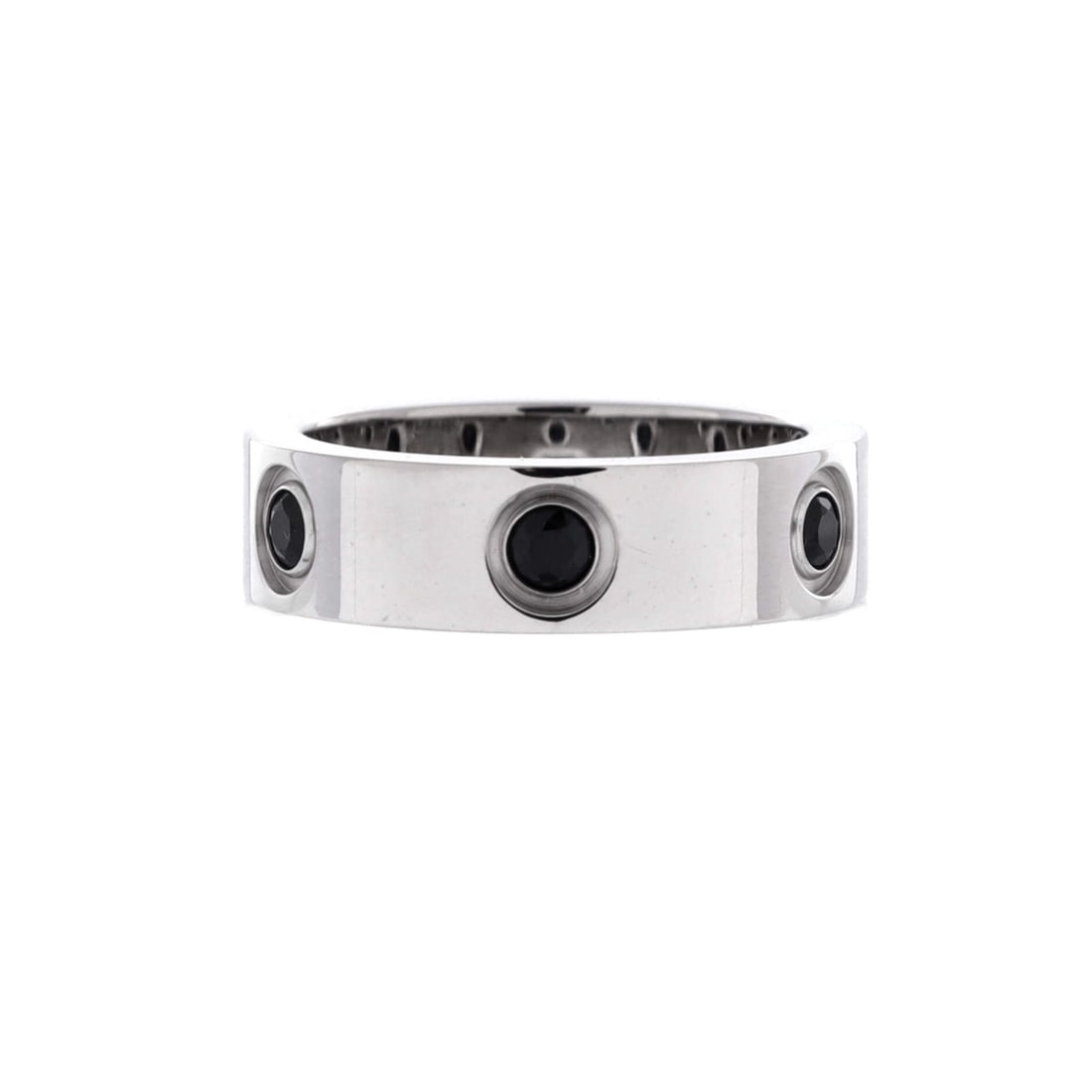 Cartier Love 6 Stone Band Ring 18K White Gold with Black Sapphires (Narrow): The Cartier Love 6 Stone Band Ring in 18K White Gold with Black Sapphires translates the house's hardware-jewelry vocabulary into a piece a wardrobe relies on across years. 18K White Gold with Black S