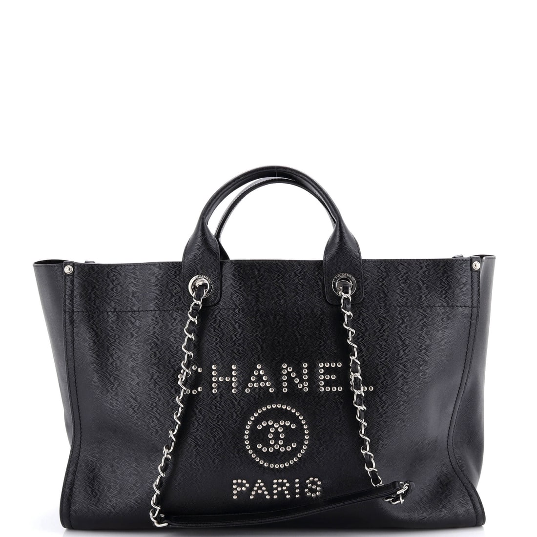 Chanel Deauville Tote Studded Caviar (Large): The Chanel Deauville Tote in Studded Caviar is the model in its most architecturally legible reading. Caviar is Chanel's pebbled, harder-wearing calfskin, named for its grain rather than the fish. It 