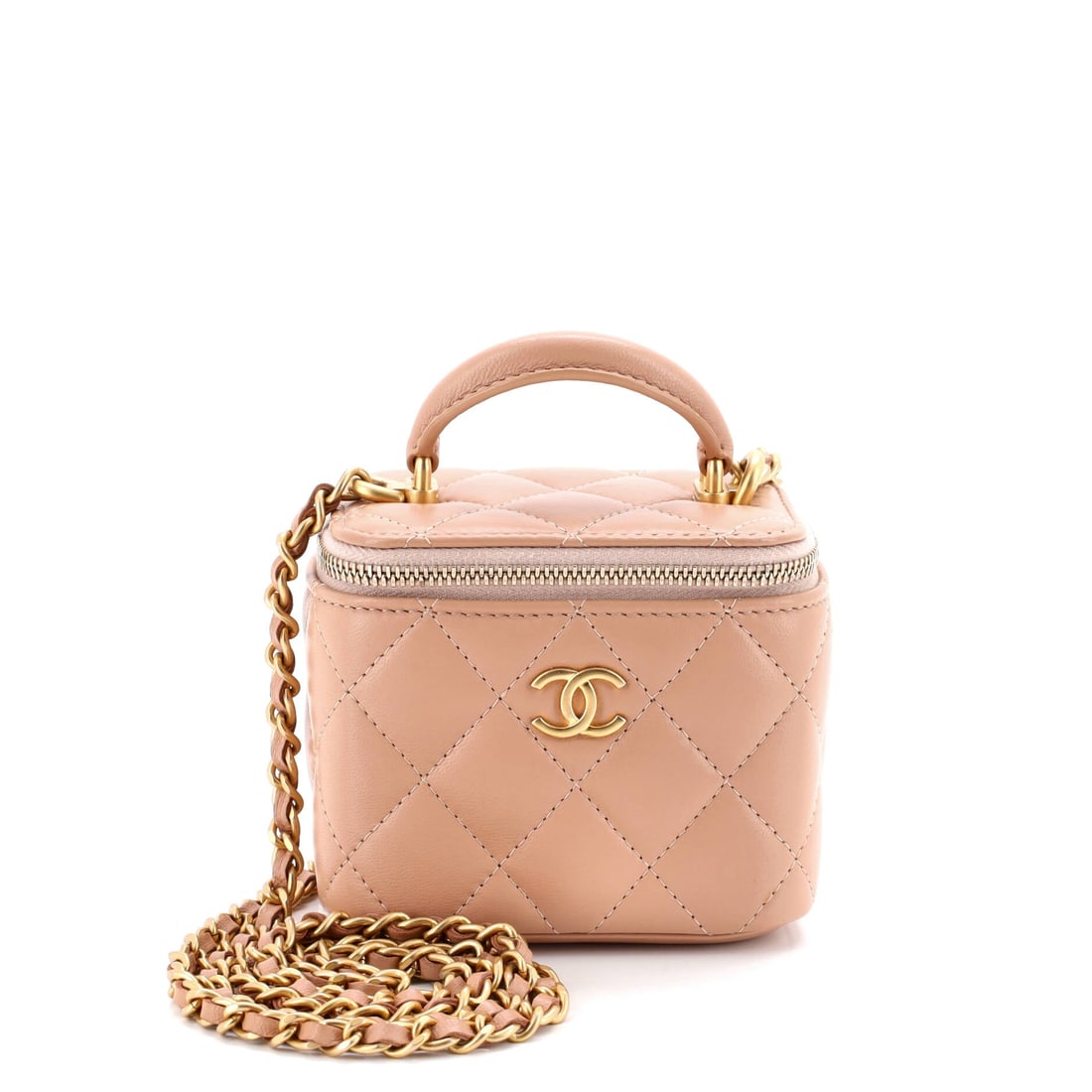 Chanel Classic Top Handle Vanity Case with Chain Quilted Lambskin (Mini): The Chanel Classic Top Handle Vanity Case with Chain renders the model's silhouette in Quilted Lambskin, in size Mini, with the line holding cleanly across the body. Lambskin is the softer, more lumin
