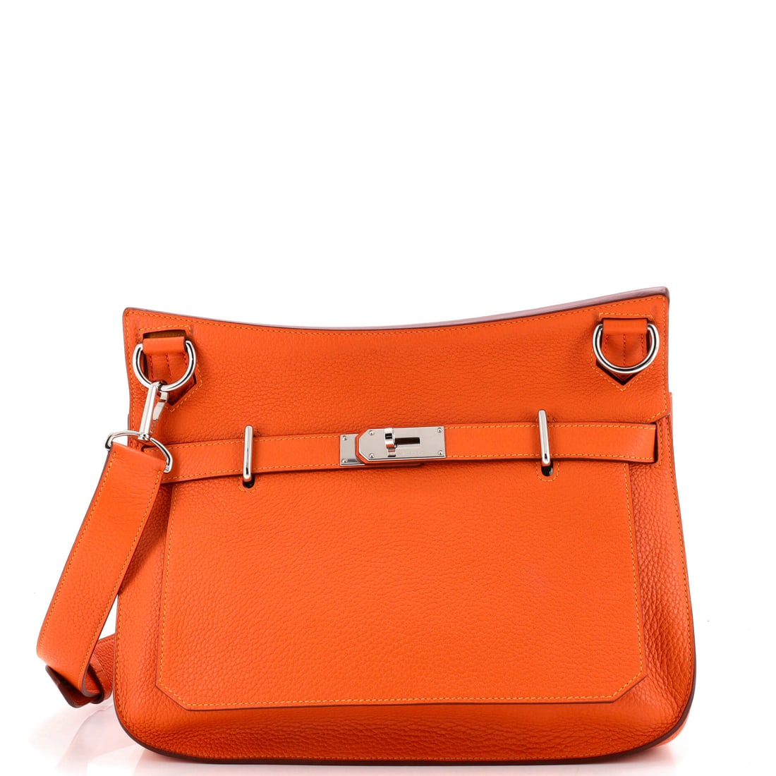 Hermes Verso Jypsiere Bag Clemence (34): The Hermes Verso Jypsiere Bag in Clemence arrives at a 13 by 11 by 6 inch profile, the proportion the model wears most photogenically. Clemence is Hermes's softer pebbled calfskin, prized for the pill