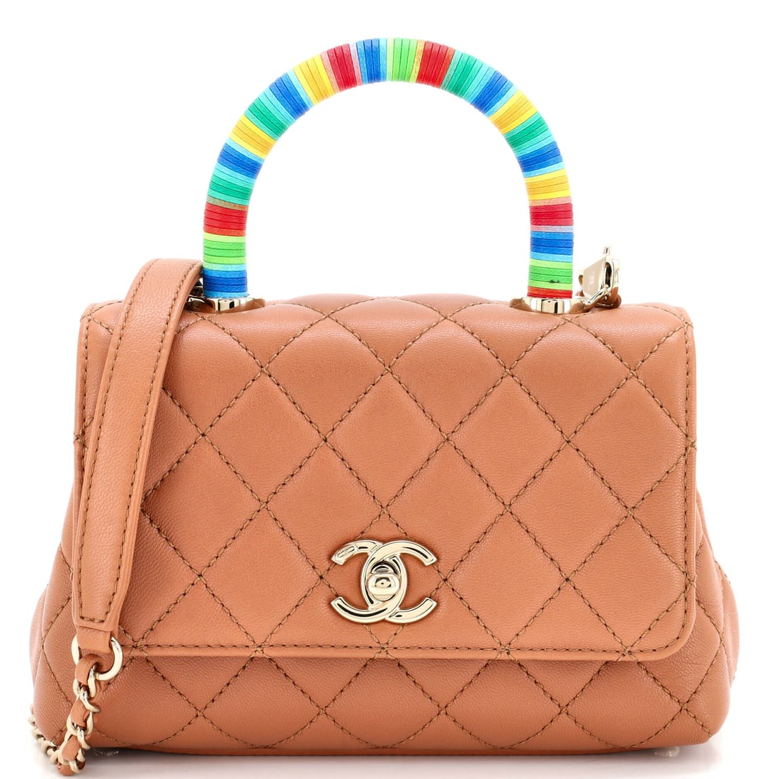 Chanel Coco Top Handle Bag Quilted Goatskin with Multicolor Handle (Extra Mini): At a 7 by 5 by 3.5 inch profile, the Chanel Coco Top Handle Bag in Quilted Goatskin with Multicolor Handle offers the silhouette in its most photographed proportion. Quilted Goatskin with Multicolor H