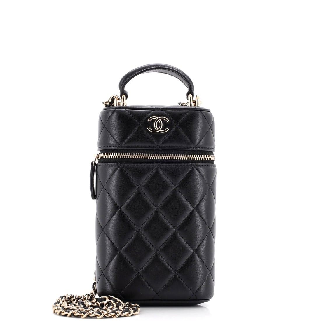 Chanel Classic Vanity Top Handle Phone Holder with Chain Quilted Lambskin (3.5"W x 7"H x 1.5"D): The Chanel Classic Vanity Top Handle Phone Holder with Chain in Quilted Lambskin is the model in its most architecturally legible reading, at a 3.5 by 7 by 1.5 inch profile. Lambskin is the softer, mo