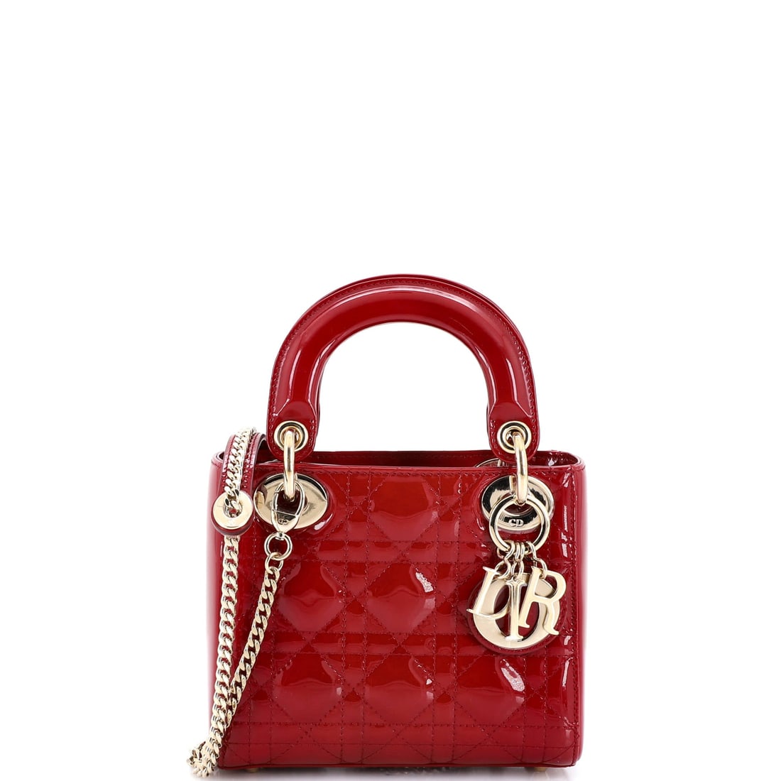 Christian Dior Lady Dior Chain Bag Cannage Quilt Patent (Mini): The Christian Dior Lady Dior Chain Bag, here in Cannage Quilt Patent, in size Mini, holds its shape against use rather than softening to it. Cannage is Dior's signature diamond quilting, named after t