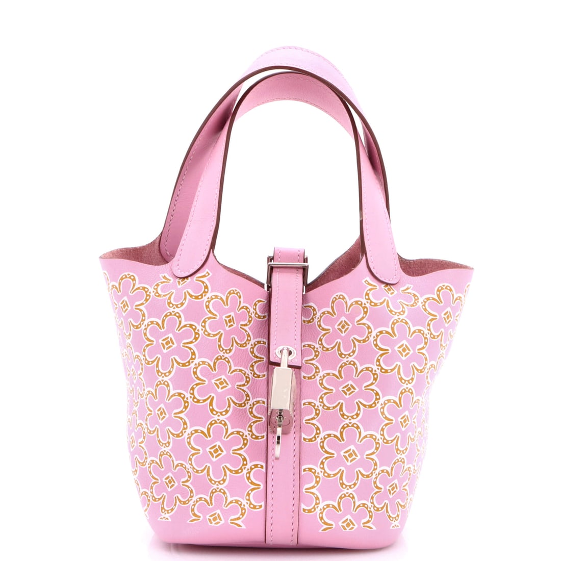 Hermes Picotin Lock Bag Lucky Daisy Printed Swift (Micro): The Hermes Picotin Lock Bag in Lucky Daisy Printed Swift is the model a wardrobe acquires after the obvious classics are already in place. Swift is Hermes's fine, smooth calfskin, light in the hand an