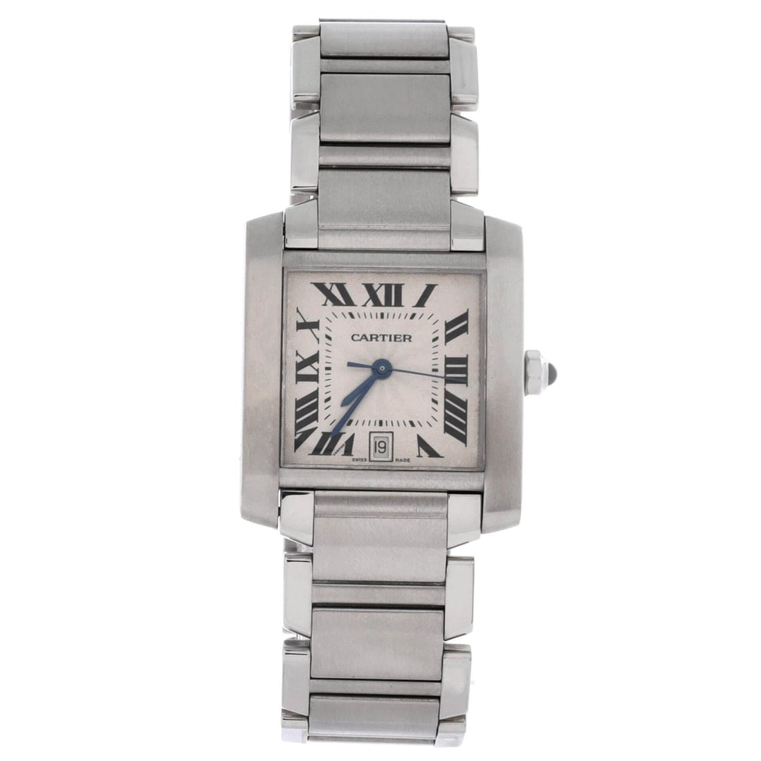 Cartier Tank Francaise Automatic Watch Stainless Steel (28): The Cartier Tank Francaise Automatic Watch in Stainless Steel carries the model's signature with the watch's case proportion holding steady across the wrist. Stainless Steel is the most photographed m