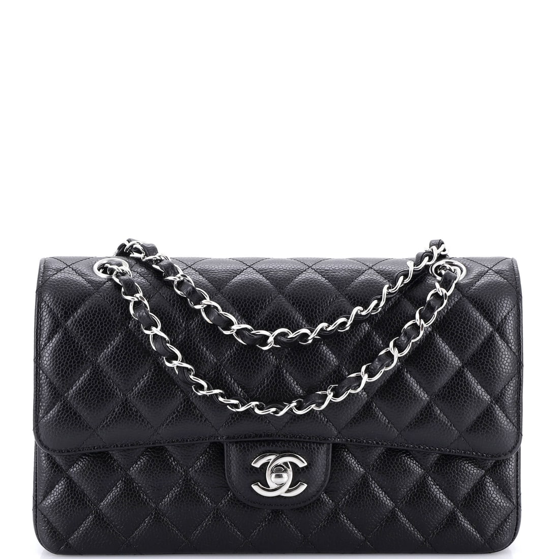 Chanel Classic Double Flap Bag Quilted Caviar (Medium): The Chanel Classic Double Flap Bag in Quilted Caviar is among the more covetable readings of the model in the current Chanel library, in size Medium. Caviar is Chanel's pebbled, harder-wearing calfski