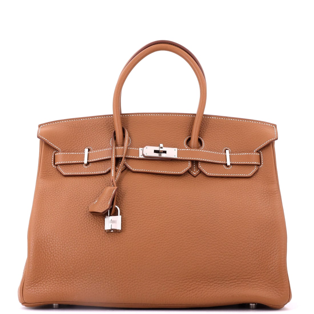 Hermes Birkin Handbag Brown Togo with Palladium Hardware (35): The Hermes Birkin Handbag in Brown Togo with Palladium Hardware arrives at size 35, the proportion the model wears most photogenically. Togo is Hermes's grained, embossed calfskin, the variant most of