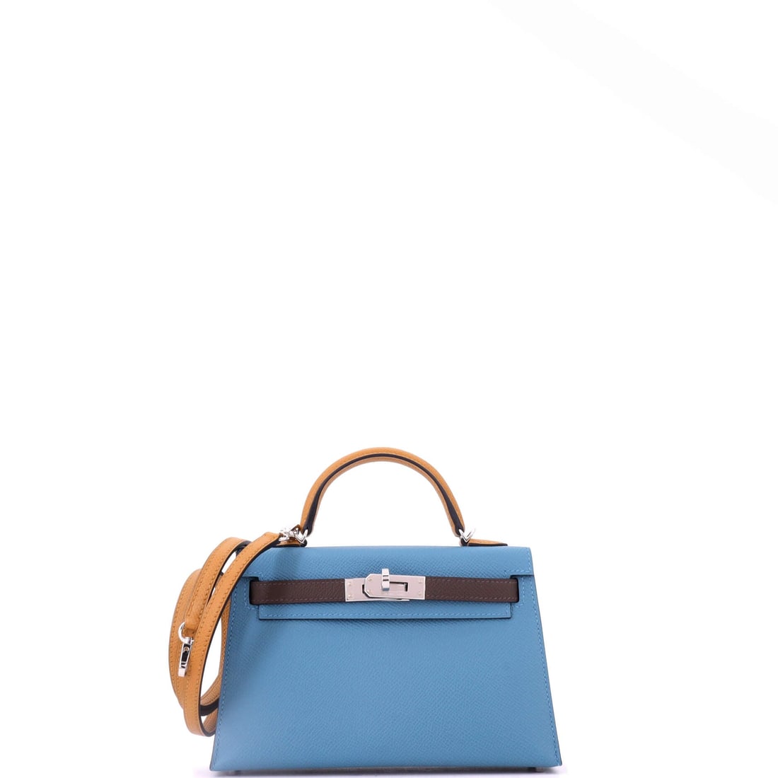 Hermes Kelly Mini II Bag Tricolor Epsom with Palladium Hardware (20): The Hermes Kelly Mini II Bag in Tricolor Epsom with Palladium Hardware, in size 20 sits at the most navigable scale in the family, neat enough for the day and generous enough to hold the daily essenti