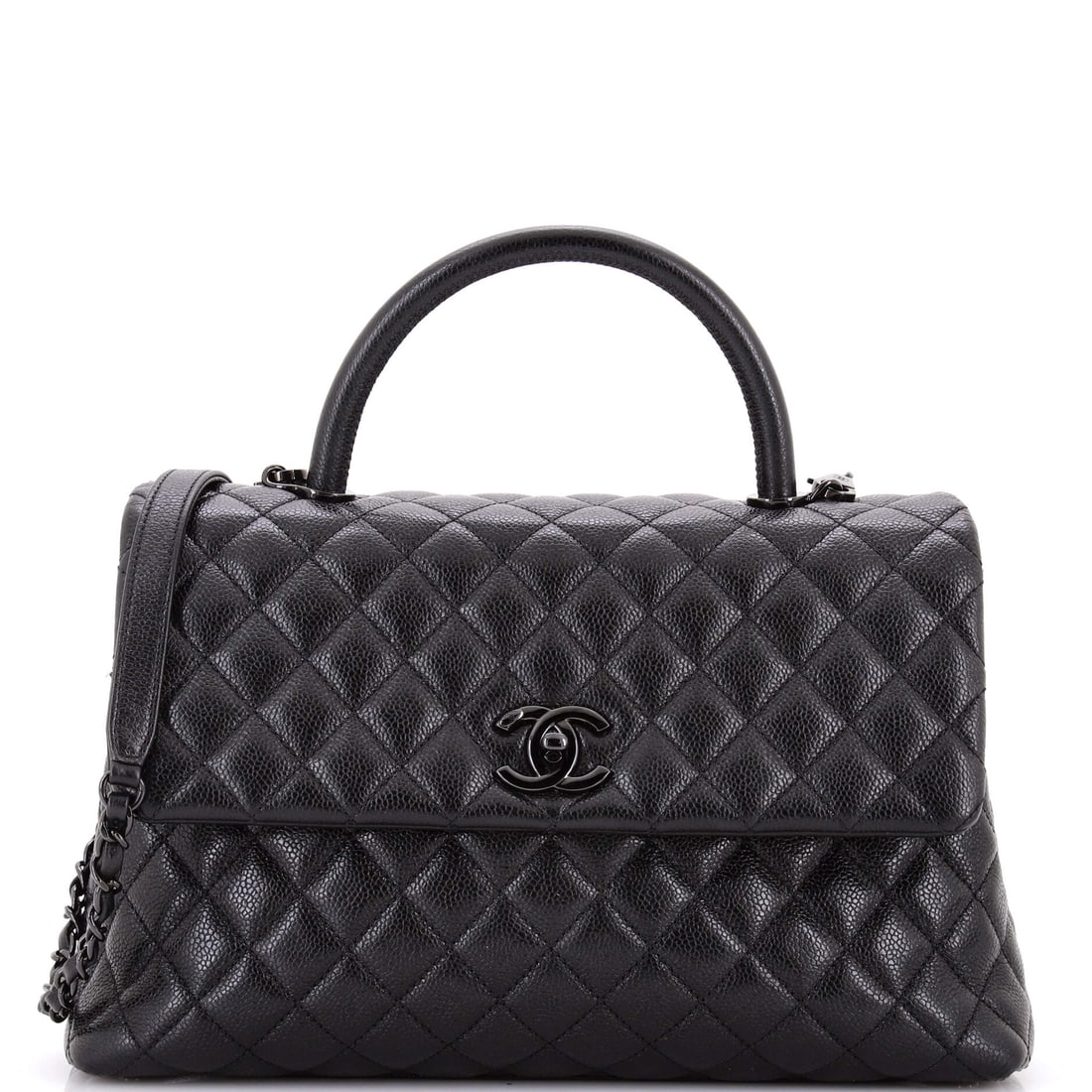 Chanel So Black Coco Top Handle Bag Quilted Caviar (Medium): The Chanel So Black Coco Top Handle Bag in Quilted Caviar translates the model's architecture into a more saturated wardrobe register, in size Medium. Caviar is Chanel's pebbled, harder-wearing calfsk