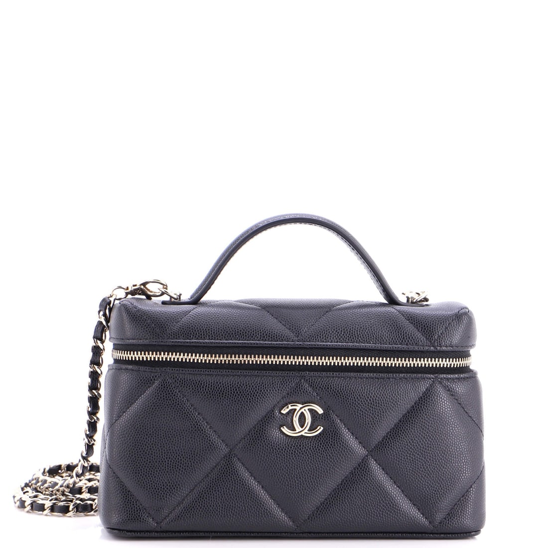 Chanel Classic Top Handle Slim Vanity Case with Chain Quilted Caviar (Small): The Chanel Classic Top Handle Slim Vanity Case with Chain in Quilted Caviar arrives at a 7.5 by 3.5 by 2 inch profile, the proportion the model wears most photogenically. Caviar is Chanel's pebbled, h