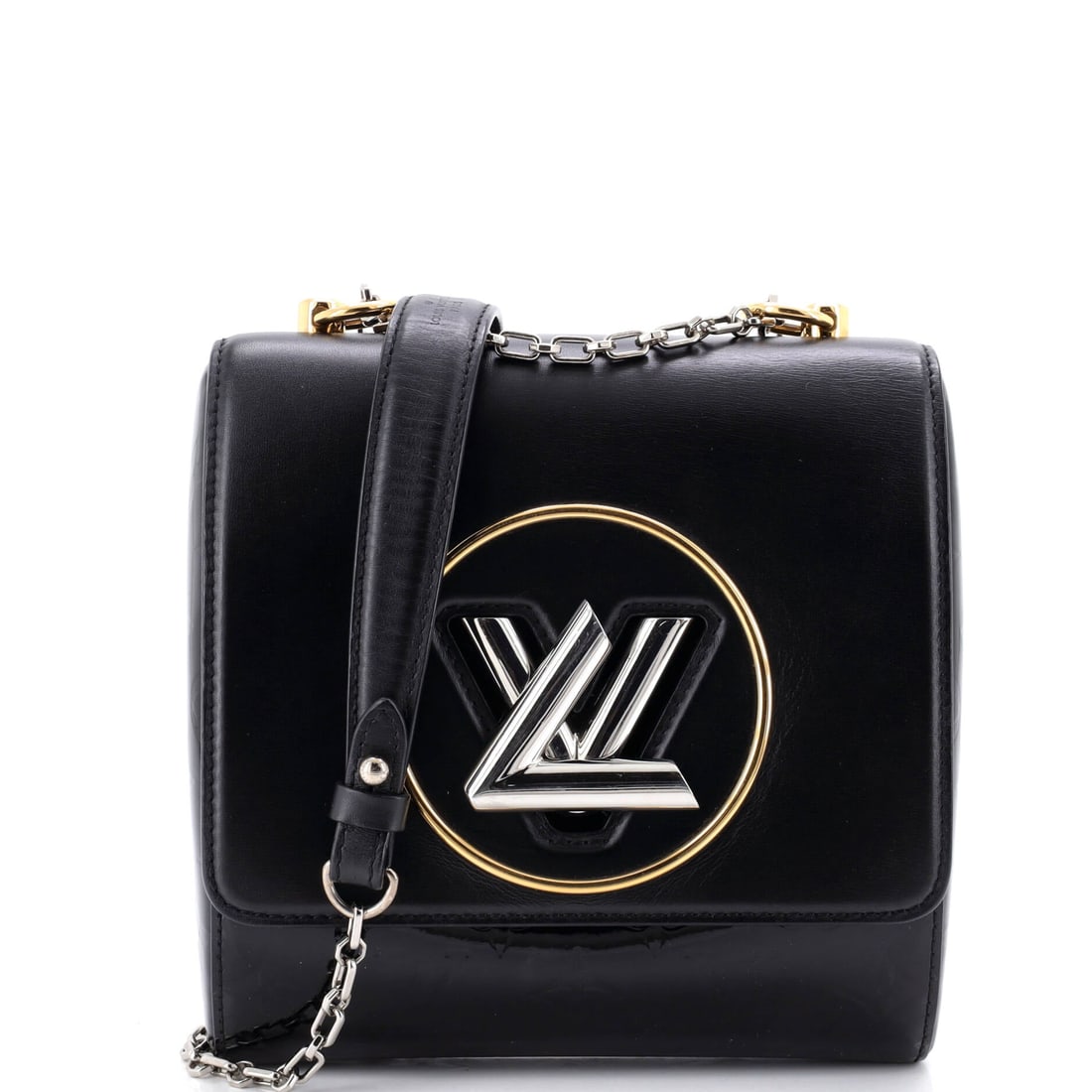 Louis Vuitton Pochette Twist Handbag Leather with Monogram Vernis (7.5"W x 7.5"H x 3"D): The Louis Vuitton Pochette Twist Handbag, in Leather with Monogram Vernis, offers the model in one of its more architecturally satisfying scales. The leather with monogram vernis treatment keeps the b