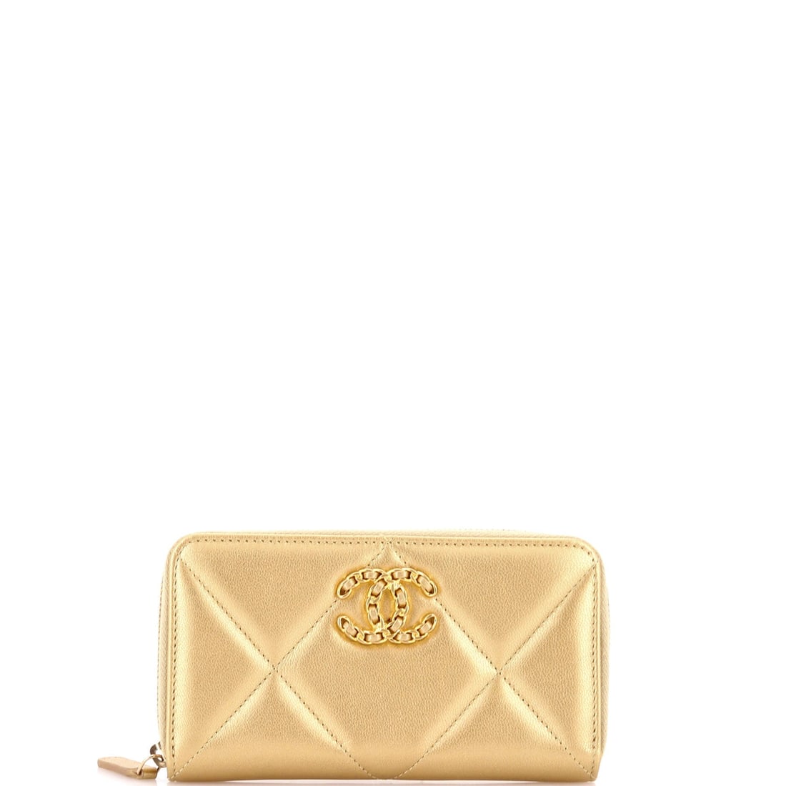 Chanel 19 Zip Around Wallet Quilted Goatskin (Medium): The Chanel 19 Zip Around Wallet in Quilted Goatskin carries the same construction discipline that the house brings to its bags into a far smaller proportion, at a 6 by 3 by 1 inch profile. The quilted