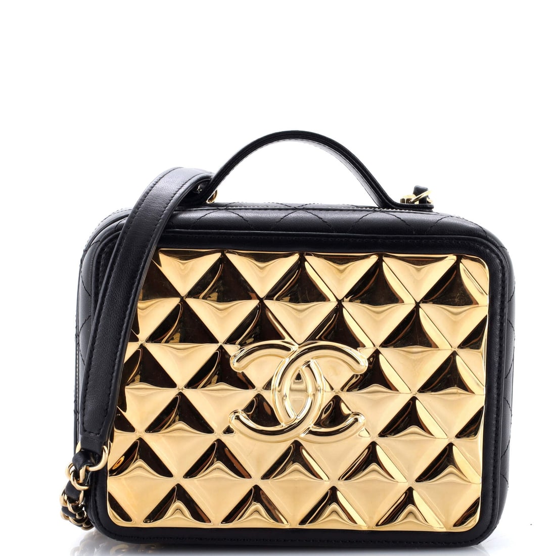Chanel Golden Plate Vanity Case Quilted Metal and Lambskin (Medium): The Chanel Golden Plate Vanity Case in Quilted Metal and Lambskin sits cleanly between daytime utility and evening polish, in size Medium. Lambskin is the softer, more luminous of Chanel's two main le